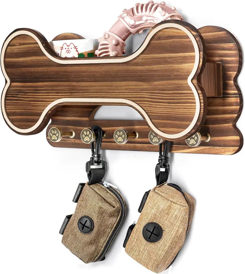 MTERSN Dog Leash Holder for Wall with Key Hooks for Dog Gear Storage, Brown