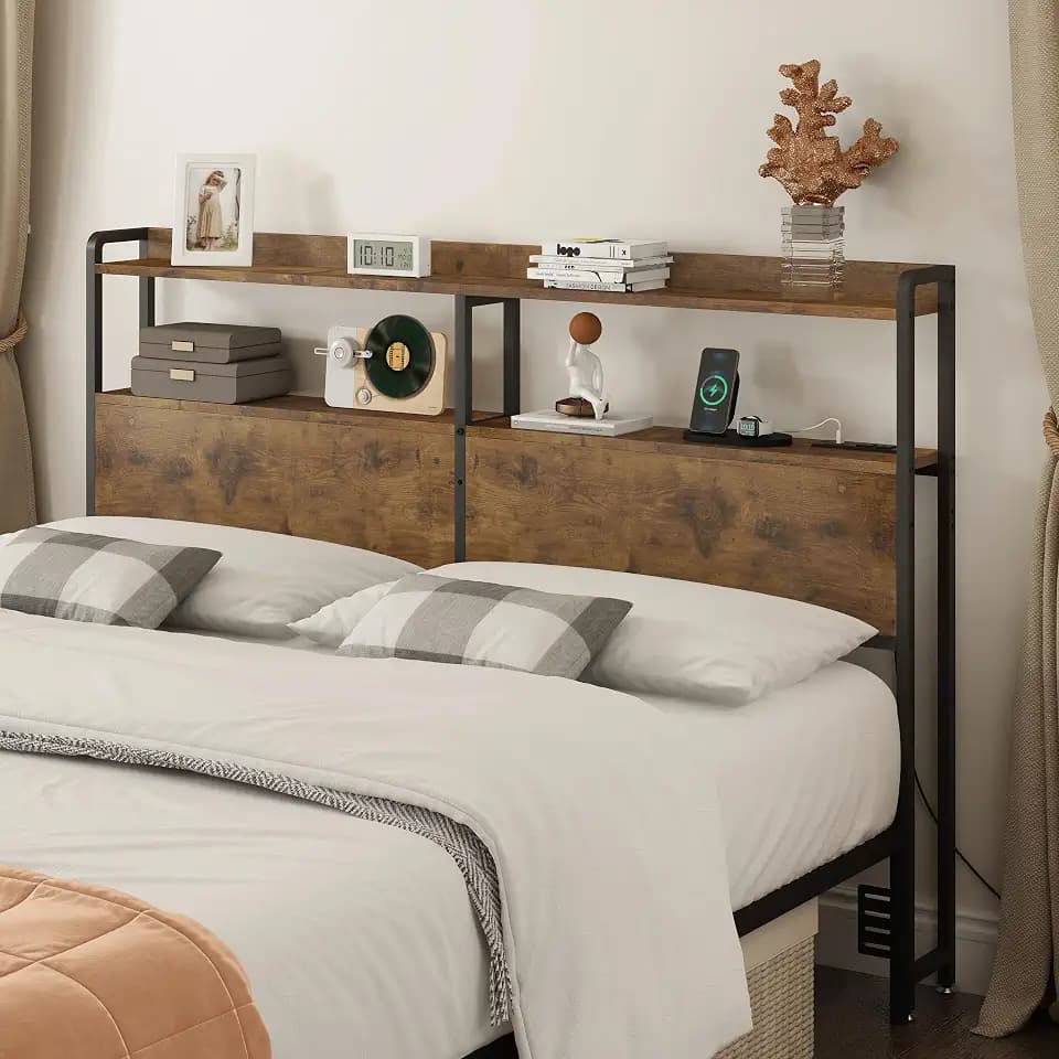 METYERRY Headboard for Queen Size Bed Frame with Storage, Height Adjustable, Headboards with Outlets, USB Ports, Type-C, LED Light, Sturdy and Stable Headboard, Black Oak,Bed Frame NOT Included