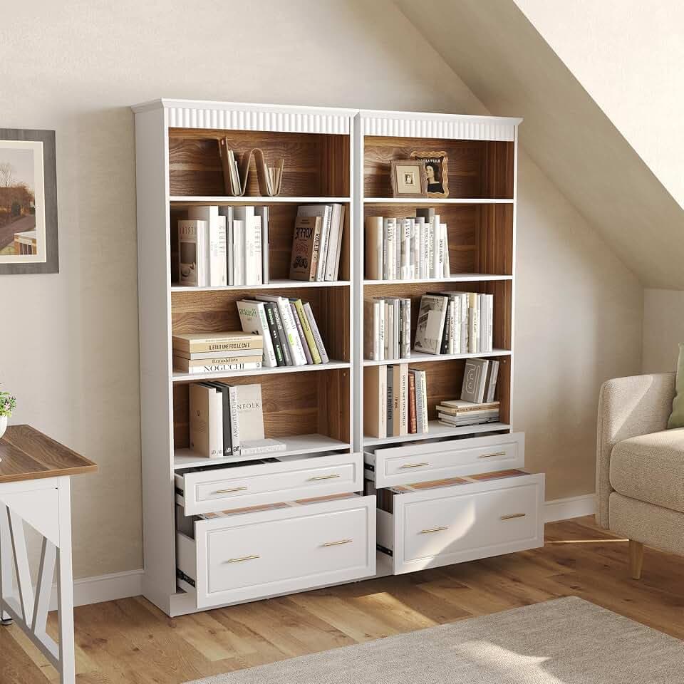 LITTLE TREE 72" Tall White Bookcase, 5-Tier Office Bookself with File Cabinet Drawers,Modern Floor Standing Storage Filing Cabinet Book Shelf for Living Room,Bedroom(2 Piece,White)