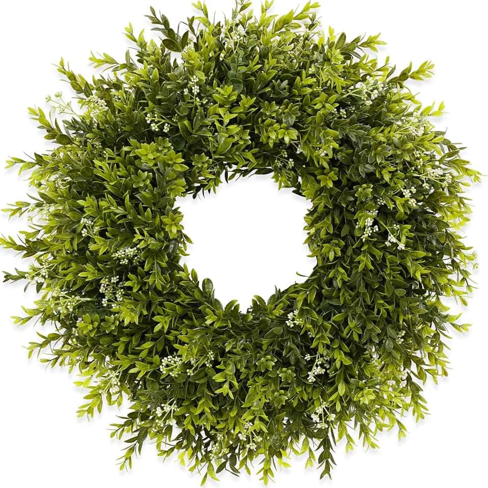 28'' Large Boxwood Wreath for Front Door Porch Window Artificial Boxwood Leaves with White Seed Greenery Outdoor Indoor Wreath for Home Farmhouse Wall Decor Spring Summer Fall All Seasons (Green)