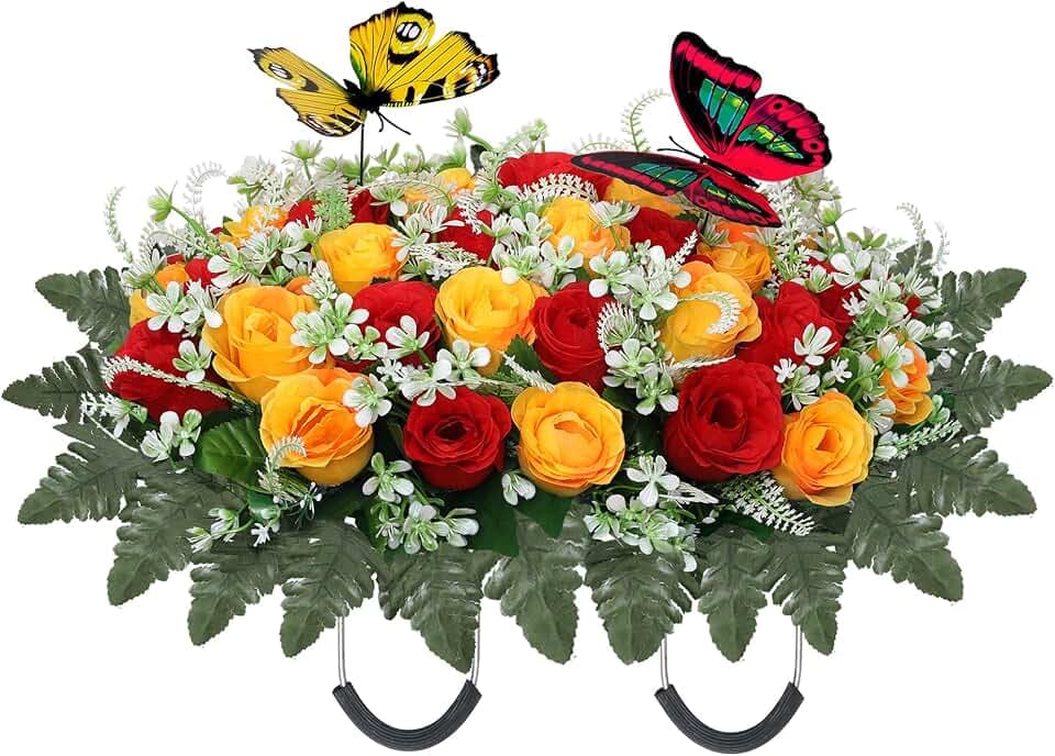 Artificial Cemetery Flowers for Grave,Large Headstone Flower Saddle Realistic Grave Flowers Memorial Silk Rose Flowers with Butterflies for Headstone Grave Decoration Non-Fading Easy Fit (Red Yellow)