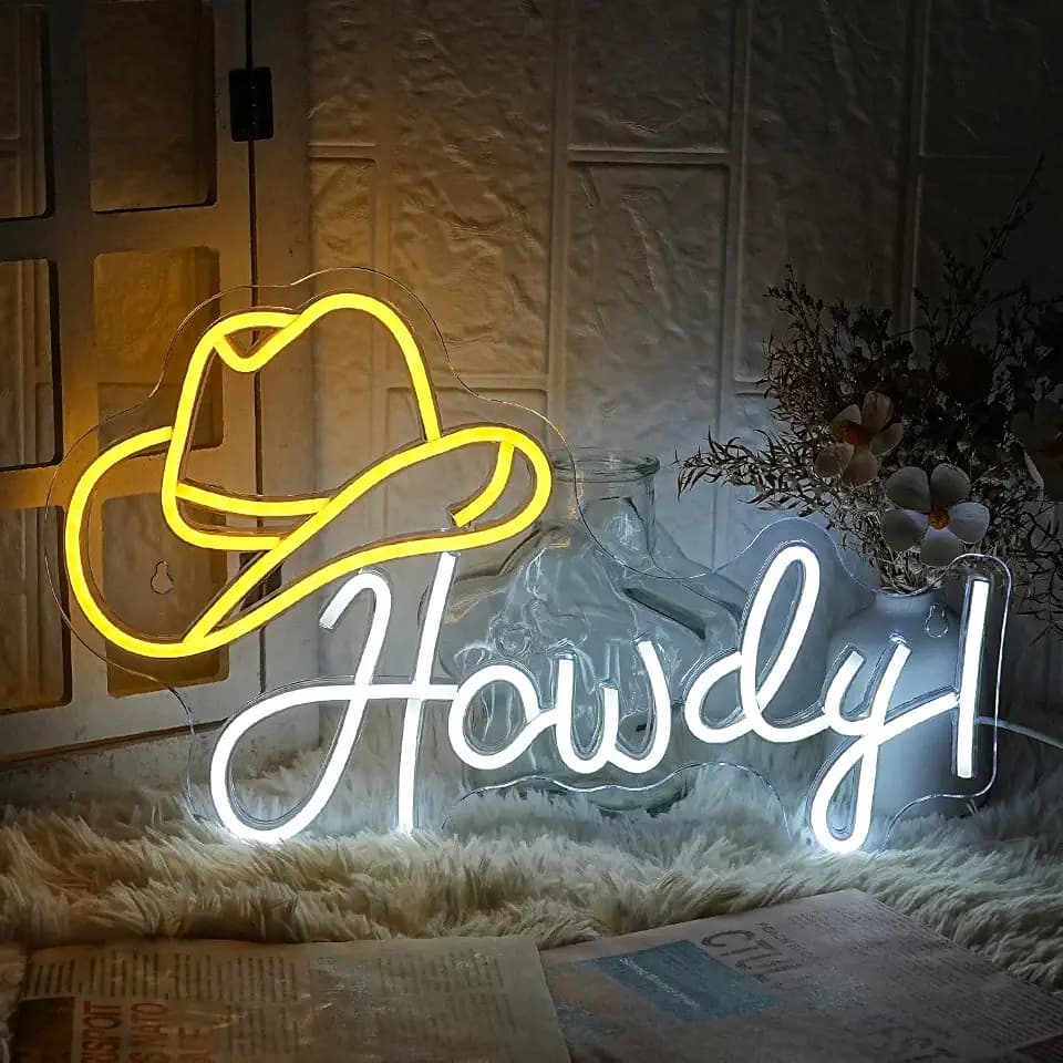 Cowboy Hat Neon Sign Howdy Cowboy Neon Signs Cool LED Neon Lights Dimmable Neon Signs USB Powered for Gameroom, Man Cave Beer Bar Cafe Recreation Room(Yellow White)