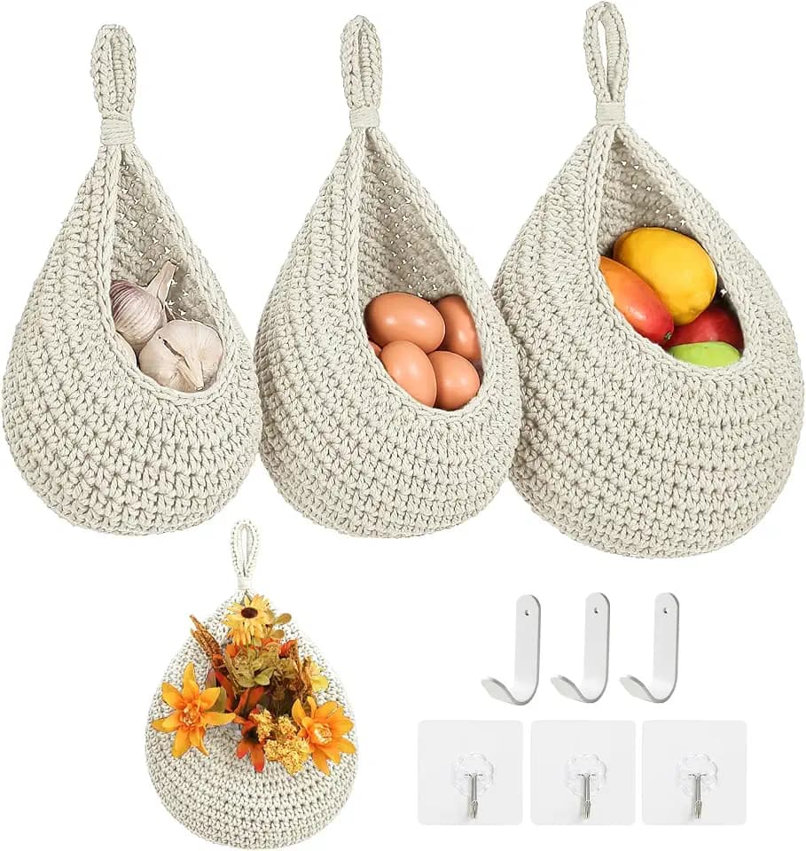 Boho Wall Hanging Fruit Baskets for Kitchen 3 Pack Woven Produce Holder with 6 Pcs Strong Hooks Vegetable Hanging Basket for Organizing Teardrop Home Wall Potato Onion Storage, White