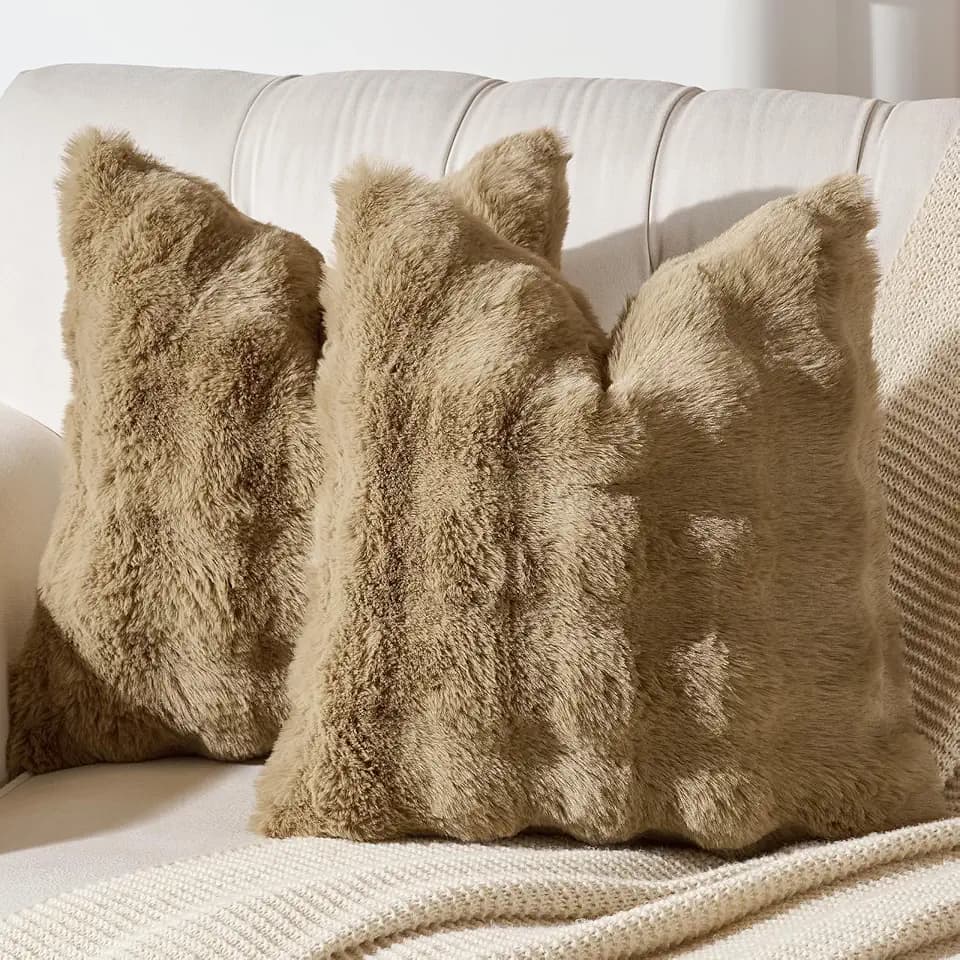 AmHoo Pack of 2 Throw Pillow Covers 3D Dense Faux Rabbit Fur Cozy Super Soft Fuzzy Set Case Cushion for Couch Sofa Bedroom 18 x 18-Inch Iced Coffee