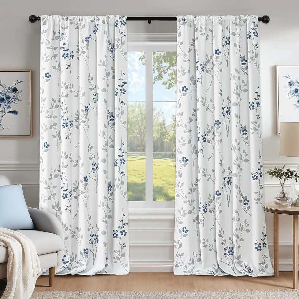Beauoop Floral 100% Blackout Curtains for Bedroom Blue Grey 52X72 2 Panels