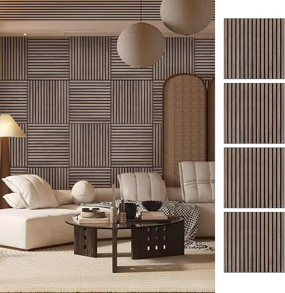 Wood Slat Wall Panel - 4 PCS Walnut Wood Panels for Wall, Natural Wood Veneer Acoustic Slat Wood Wall Panels - Wood Slats for Wall Soundproof Wood Panels 23.6" W x 23.6" L