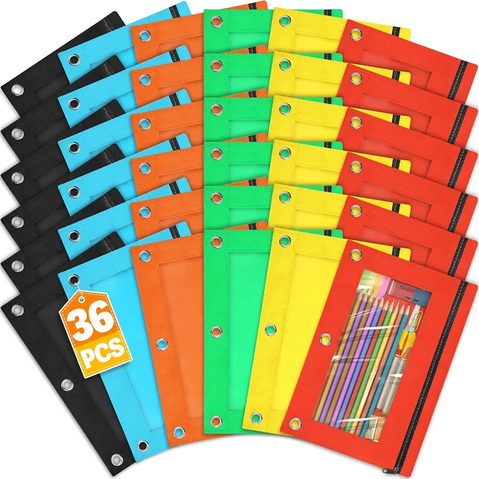 Pencil Pouch for 3 Ring Binder, 36 Packs Zipper Pencil Pouch Bulk 6 Colors