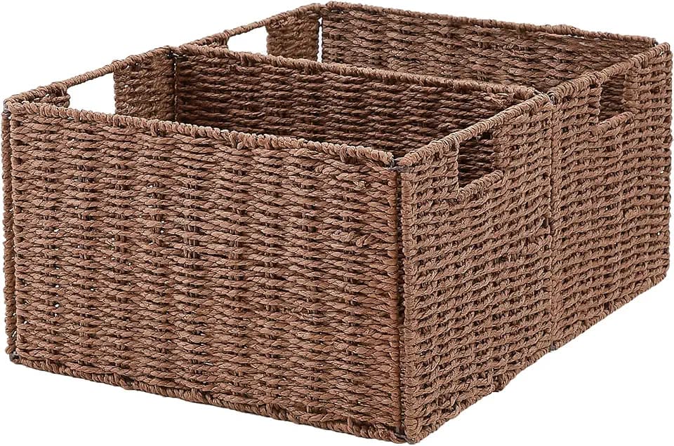 Vagusicc Wicker Storage Basket, Set of 2 Hand-Woven Paper Rope Wicker Basket, Small Storage Baskets for Organizing Toilet Paper Basket, Foldable Large Cube Storage Organizer Bins for Shelves (Brown)