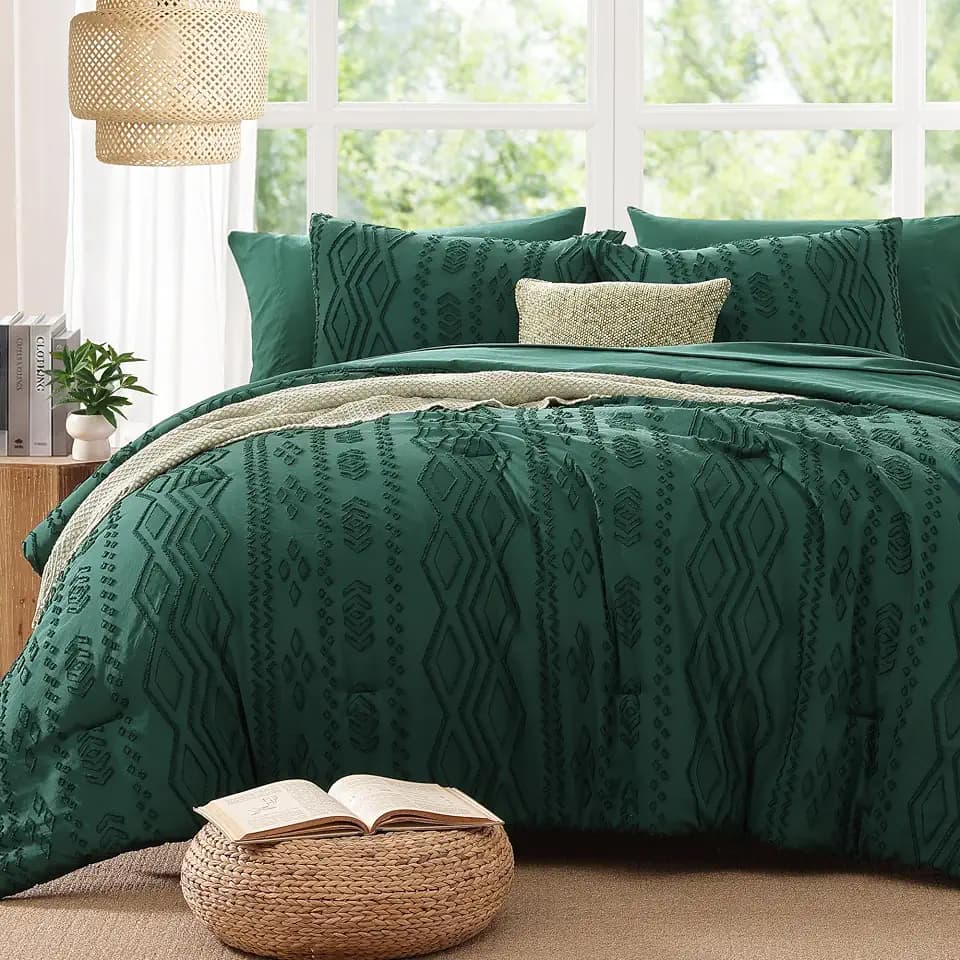 King Size Comforter Set Emerald Green Tufted Boho Bedding Sets 7 Pieces