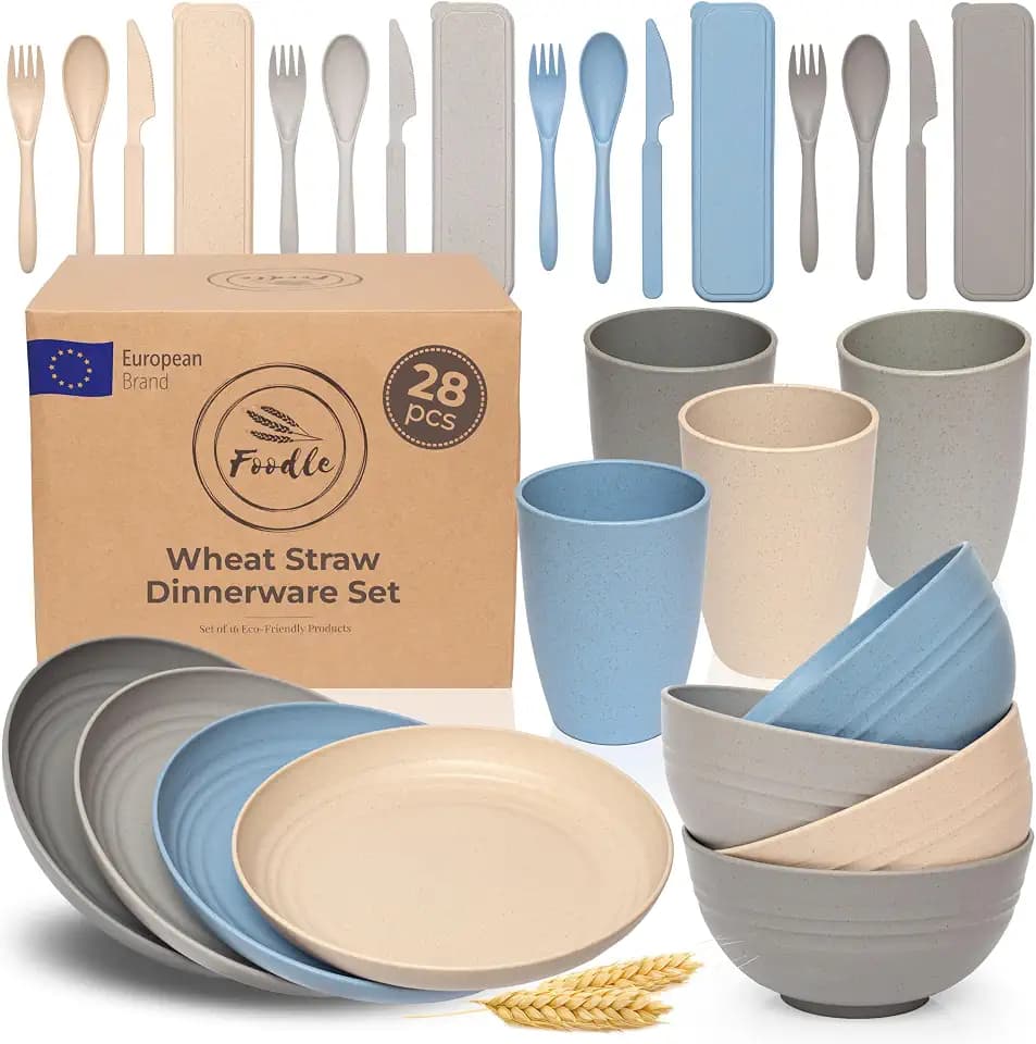 FOODLE Wheat Straw Dinnerware Set - RV, Camping Plates Cups and Bowls Set
