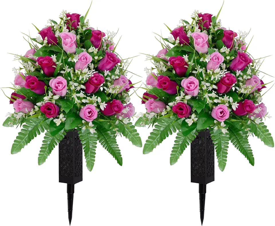 MOOMASS 2 Sets Artificial Cemetery Flowers, Purple and Pink Realistic Roses Bouquet, Outdoor Grave Decorations with Non-Bleed Colors, Accompanied by 2 Long Nail Vases (Purple+Pink)