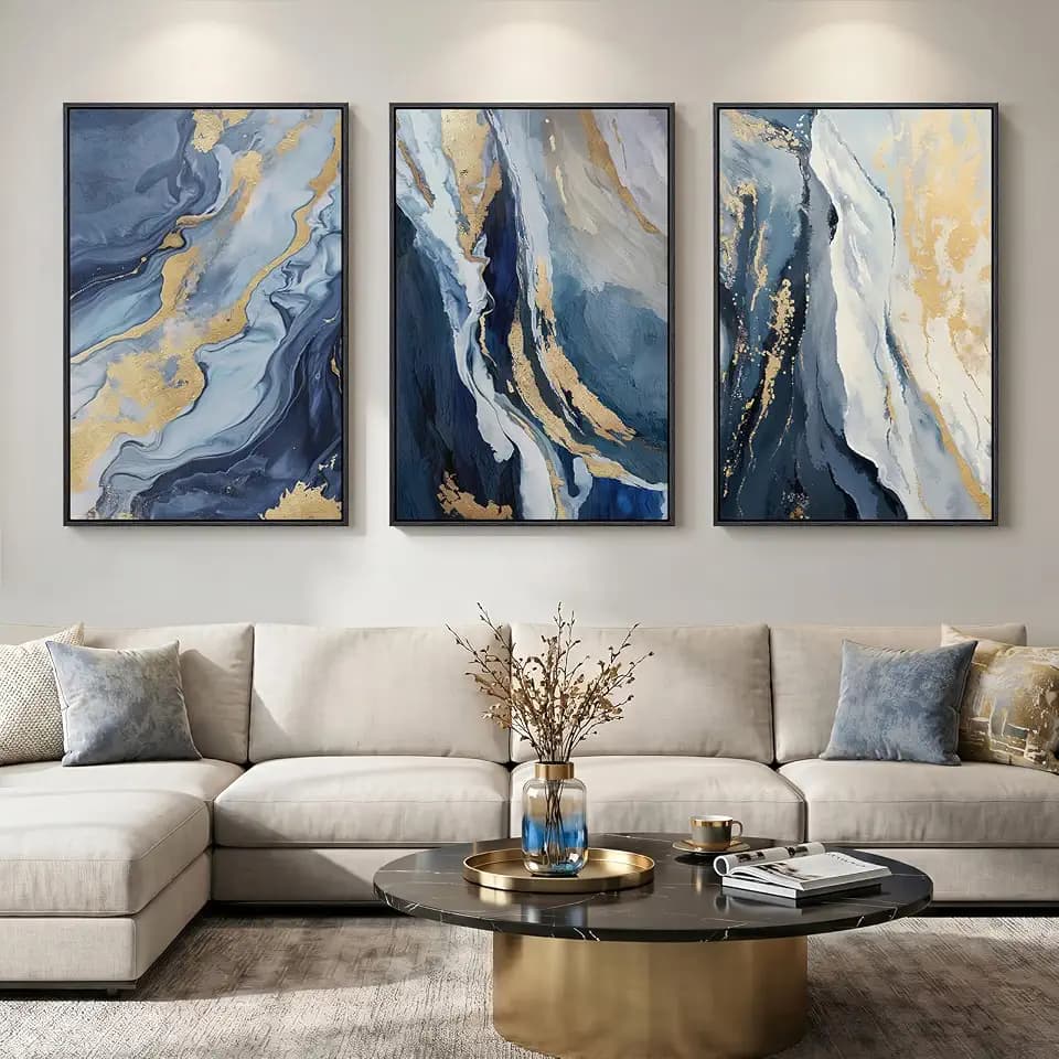 Large Framed Blue and Gold Abstract Wall Art for Living Room, 3 Piece 24x36
