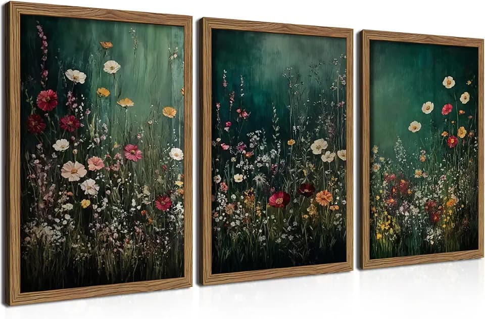 Vintage Wildflower Wall Art Set of 3, Moody Dark Green Flower Botanical Wall Decor Paintings,Nature Floral Farmhouse Landscape Posters Prints Pictures for Living Room Bedroom 12x16 Inch Wood Framed