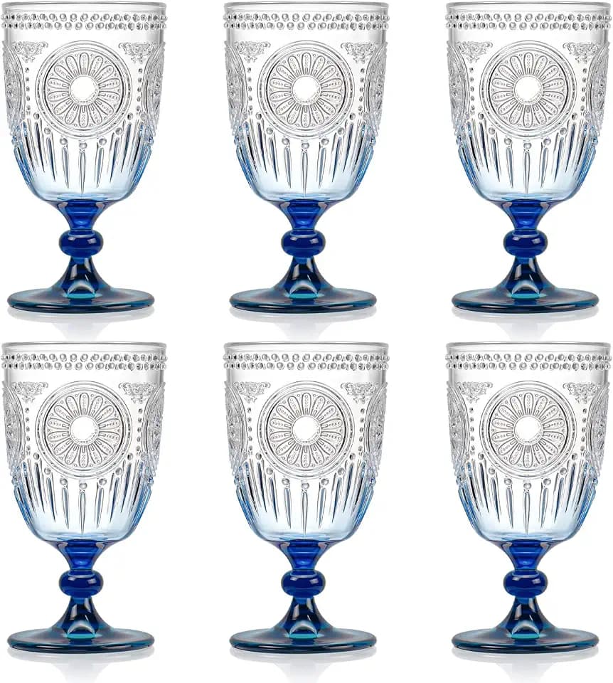 XUWAIDSGN Plastic Vintage Wine Glasses 13.5oz Reusable Embossed Goblet Glasses Retro Wine Glassware Unbreakable Stemmed Champagne Water Cups for Wine Cocktail Juice Wedding 6 Pcs Blue Gradient