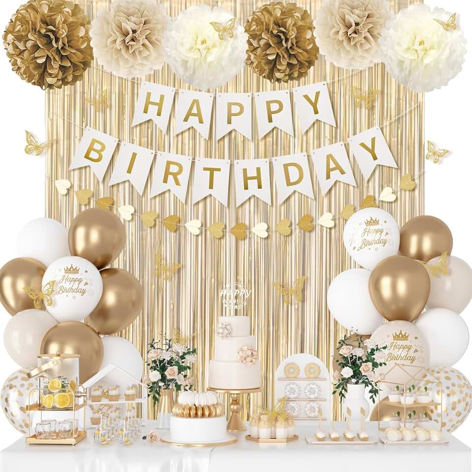 White and Gold Birthday Decorations for Women Girls with Butterfly Sticker