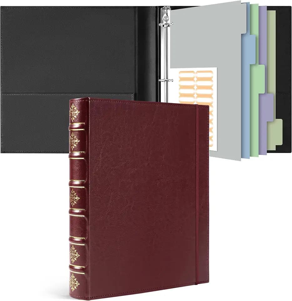 Ospelelf Leather 3 Ring Binder 1 Inch, Vintage Hardback D Ring Binder with Pockets and 5 Tab Dividers, Book Style Document Organizer Fits Letter Size for Home and Office Burgundy