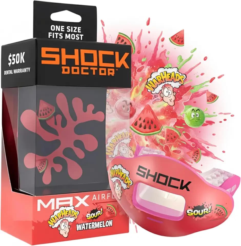 Shock Doctor Max Airflow Lip Guard, Full Mouth Protection Compatible with Braces, Lip Guard, Instant Fit Mouthguard for Football, Hockey, Lacrosse OSFA, Warheads Sour Watermelon