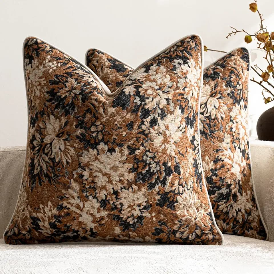 DEZENE Pack of 2 Vintage Floral Throw Pillow Covers 16x16 Boho Farmhouse Accents Chenille Square Decorative Pillow Cases for Living Room Couch Bed Home Decor, Cognac