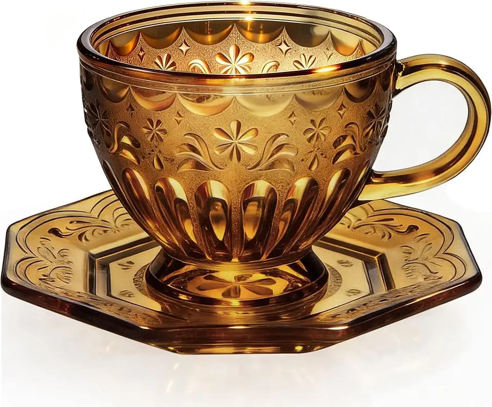 Vintage Glass Tea Cup and Saucer Set, 12 oz Large Coffee Cup