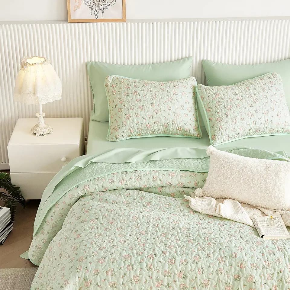 Wake In Cloud - Floral Quilt Set, Coquette Cottagecore Shabby Chic Flower Pattern for Women Teen Girls, Reversible Lightweight Bedspread Coverlet, 3 Pieces, Green Pink, King Size