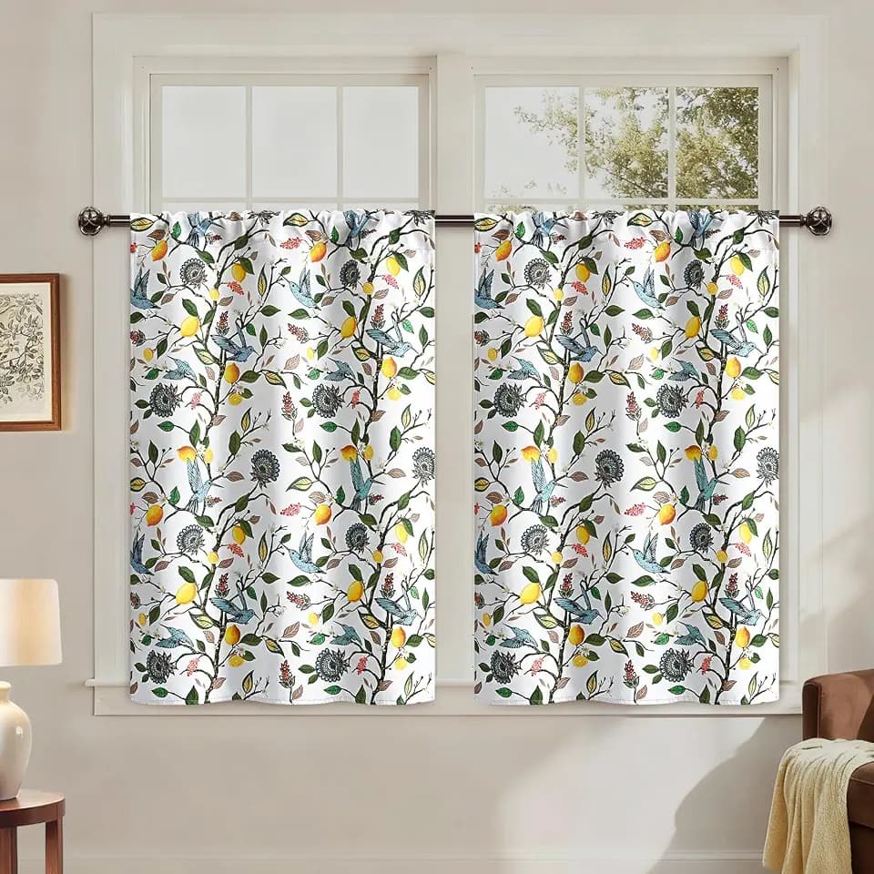 FRAMICS White Blackout Kitchen Curtains 36 Inch Length Birds Floral Bathroom Curtains Rod Pocket Lemon Short Curtain for Windows Cafe Basement Living Room Cabinet, 2 Panels