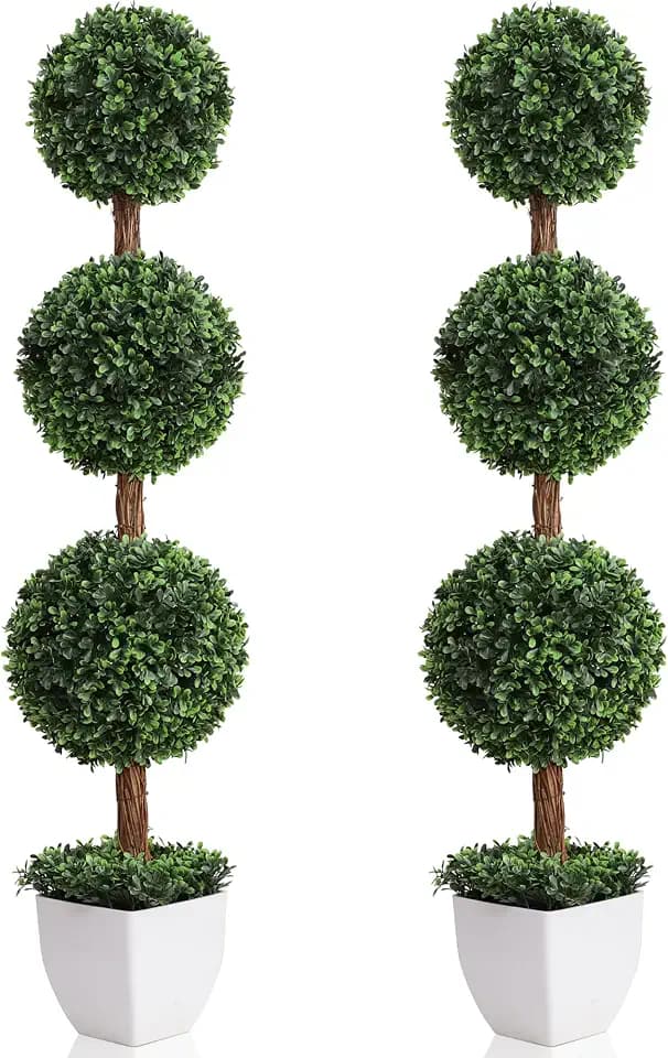 Damomo Artificial Topiaries Ball Trees Outdoor, 3.6ft Faux Boxwood Plants Topiary Triple Ball Tree(2 PCS), Fake Shrubs Trees Potted Decorative Indoor Porch or Garden(43inch)