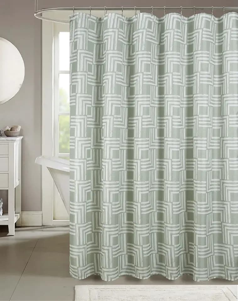 Serafina Home Hotel Quality Fabric Bathroom Shower Curtain: Geometric Square Design - Sage Green and White Milo Sage (72 x 70 inches)