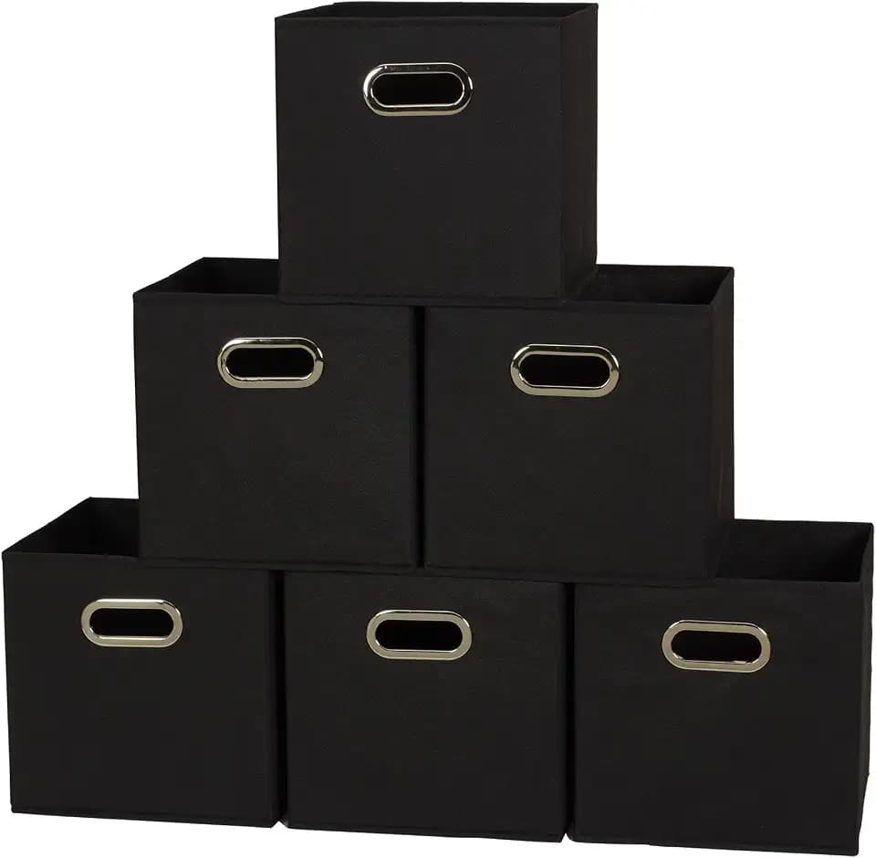 Household Essentials Foldable Fabric Storage Bins 6 Piece Set, Strong Poly-Woven Fabric, Sturdy Chipboard Sides, Grommet Front Handle, Stackable, Classic Design, Black