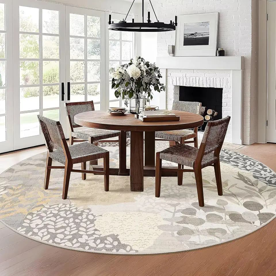 DEXDE Large Round Rug 9ft Washable Circle Floral Carpet Living Room Gray