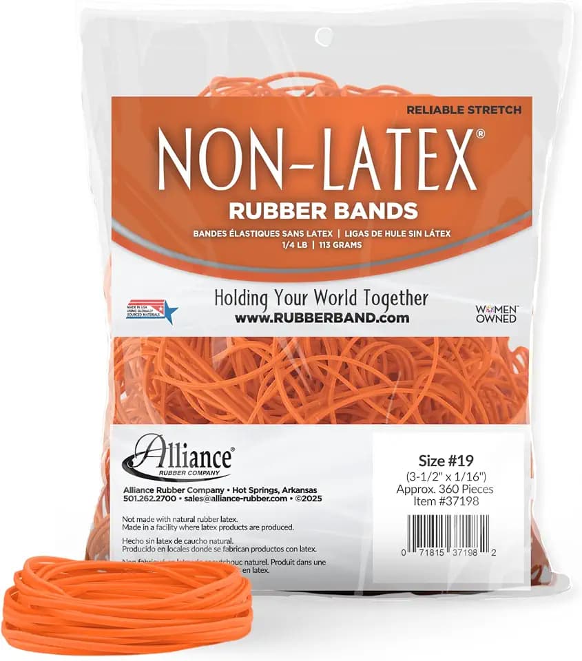 Alliance Non-Latex Rubber Bands, Size #19 (3-1/2" x 1/16"), 4 oz. Bag Contains Approx. 260 Bands, Orange (37198)