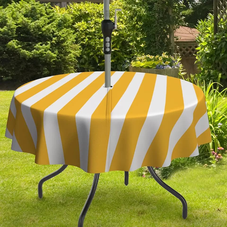 Orange Strip Print Outdoor Tablecloth with Umbrella Hole for Round Table, Waterproof Orange Patio Table Cloth with Zipper - 60 x 60 inches