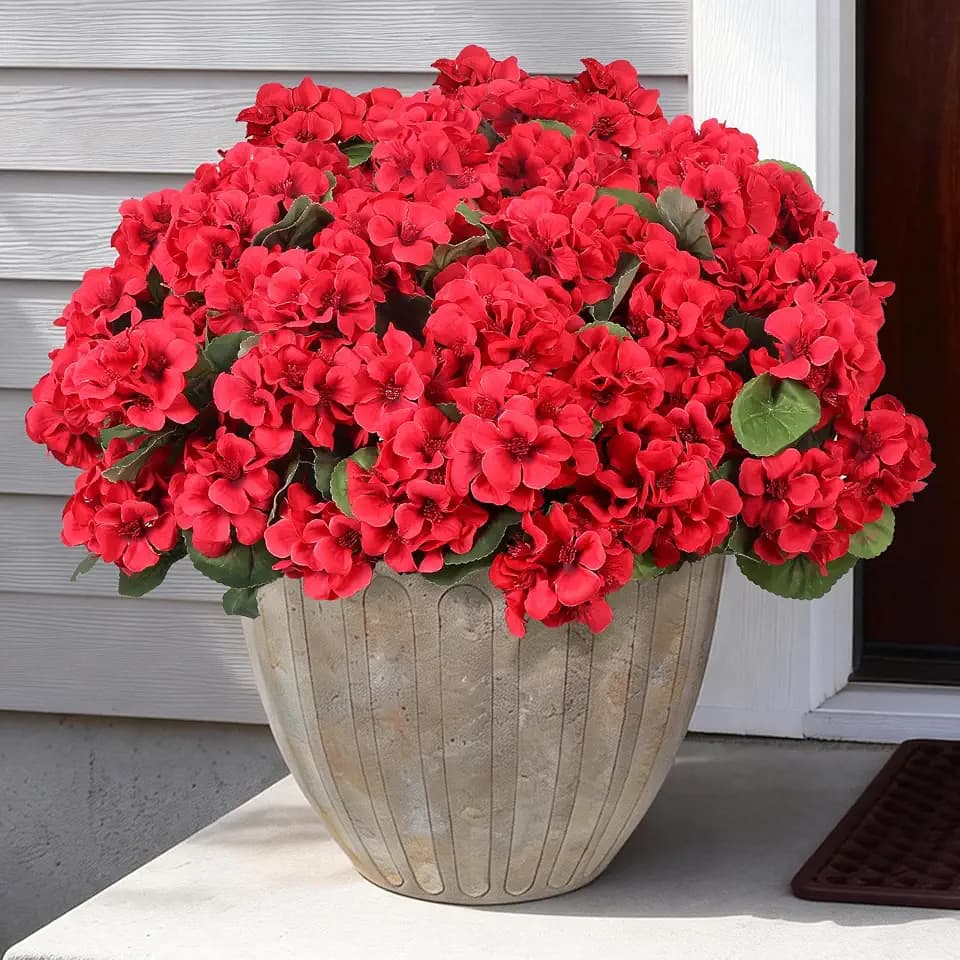 12 Pcs Artificial Flowers for Outdoors, Faux Silk Geraniums Flowers UV Resistant Fake Flowers Outdoor Plants for Front Porch Yard Patio Garden Home Decor (12, Red)