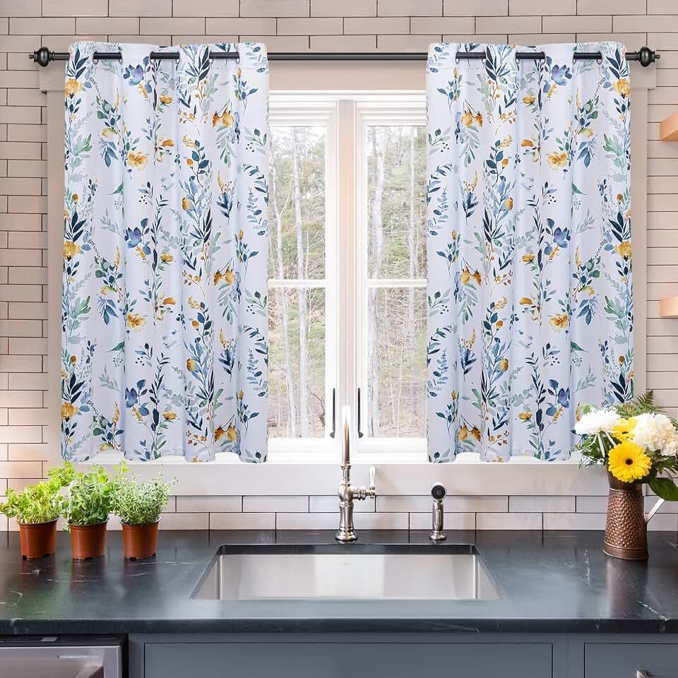 MYSKY HOME Floral Blackout Curtains 45 inch Length 2 Panels Yellow and Blue