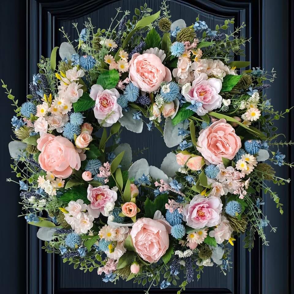 Spring Pink Peony Front Door Wreath 24-inch Flower Blue Wreath Indoor Outdoor Front Door Hallway Window Decoration Wedding Birthday Party Decoration(Pink