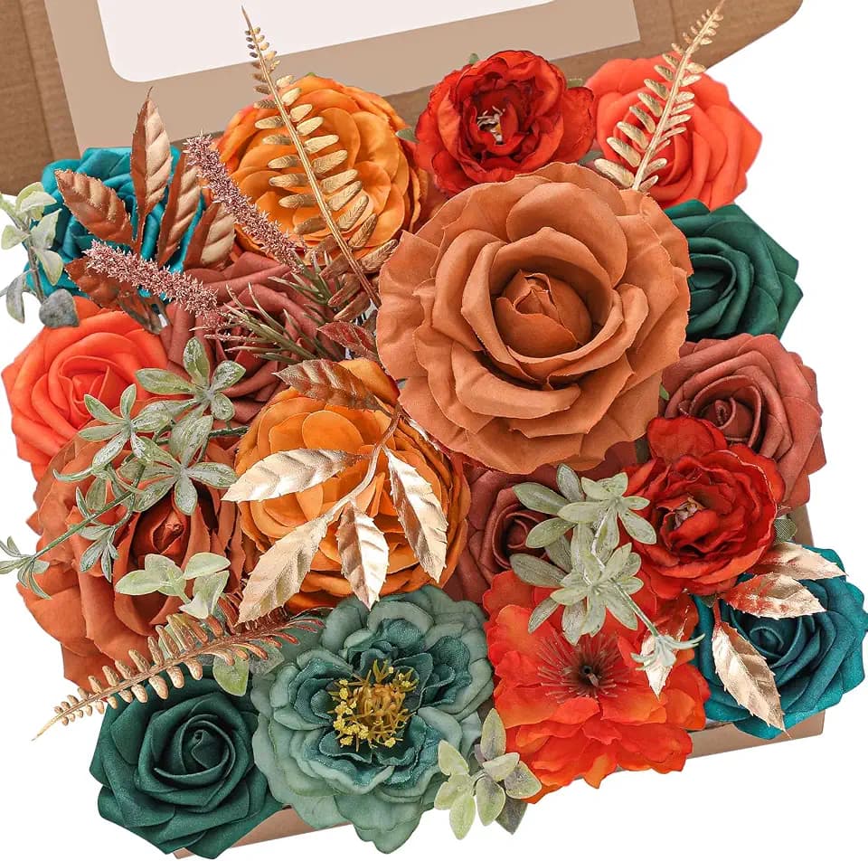Serwalin Teal Burnt Orange Silk Flowers Fall Artificial Flowers for Wedding