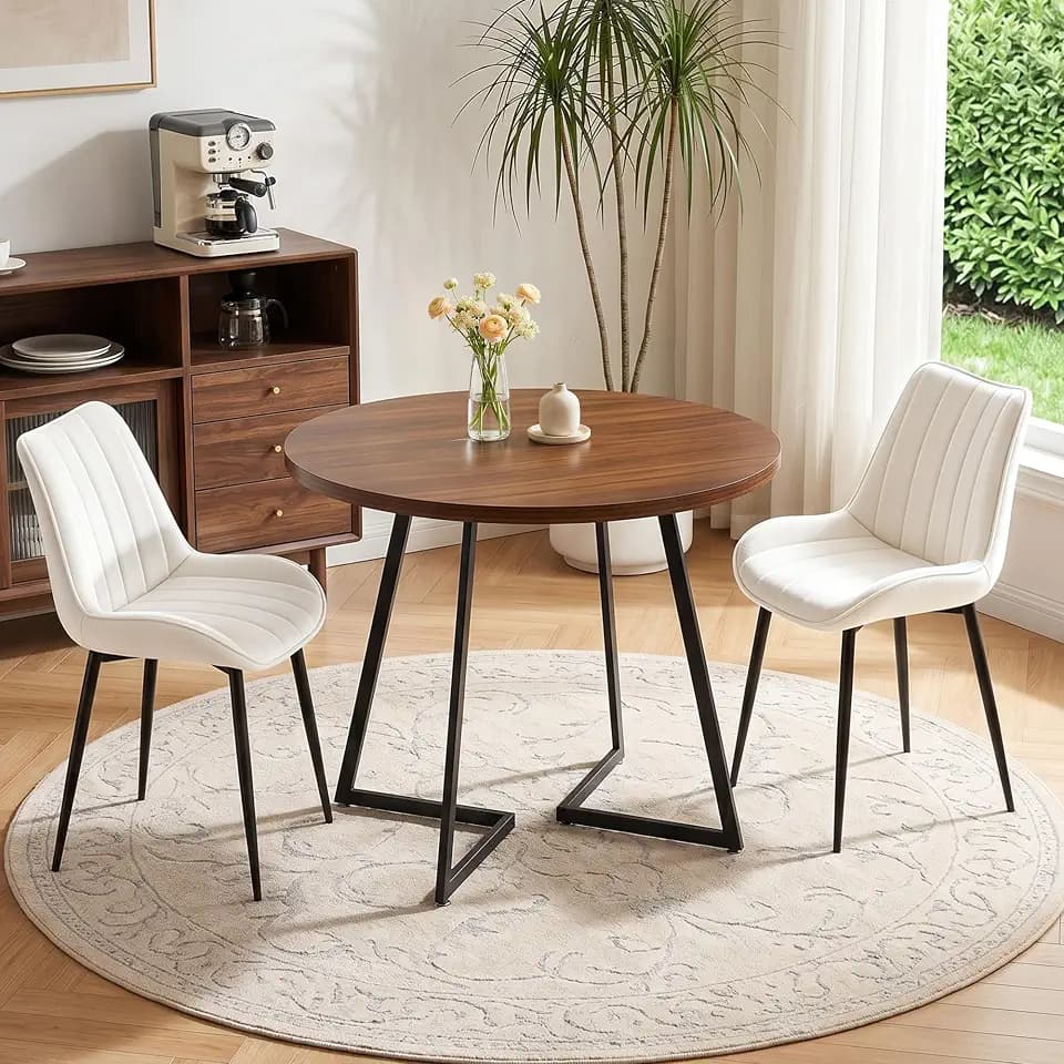 VECELO 3-Piece Dining Table Set, Round Kitchen Table with 2 Velvet Upholstered Chairs, Space Saving Design for Small Apartment & Home Office, Easy Assembly, Walnut & White