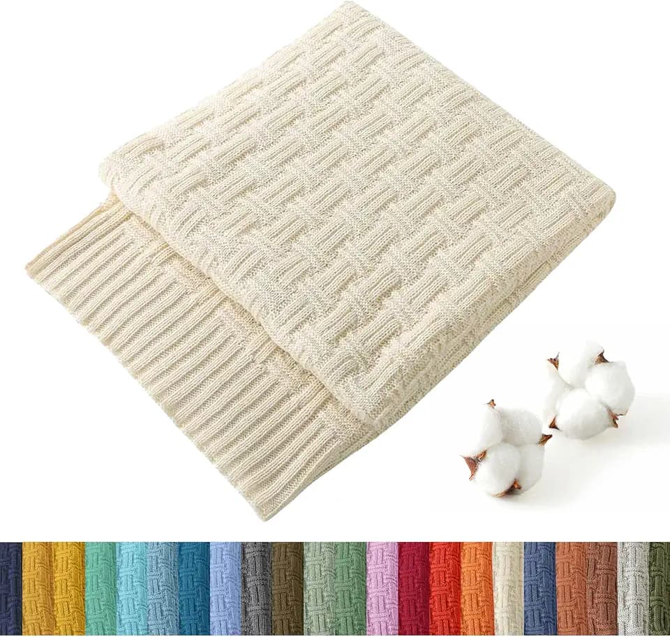 TREELY 100% Cotton Knitted Throw Blanket 31 x 40 Inches, Ivory White