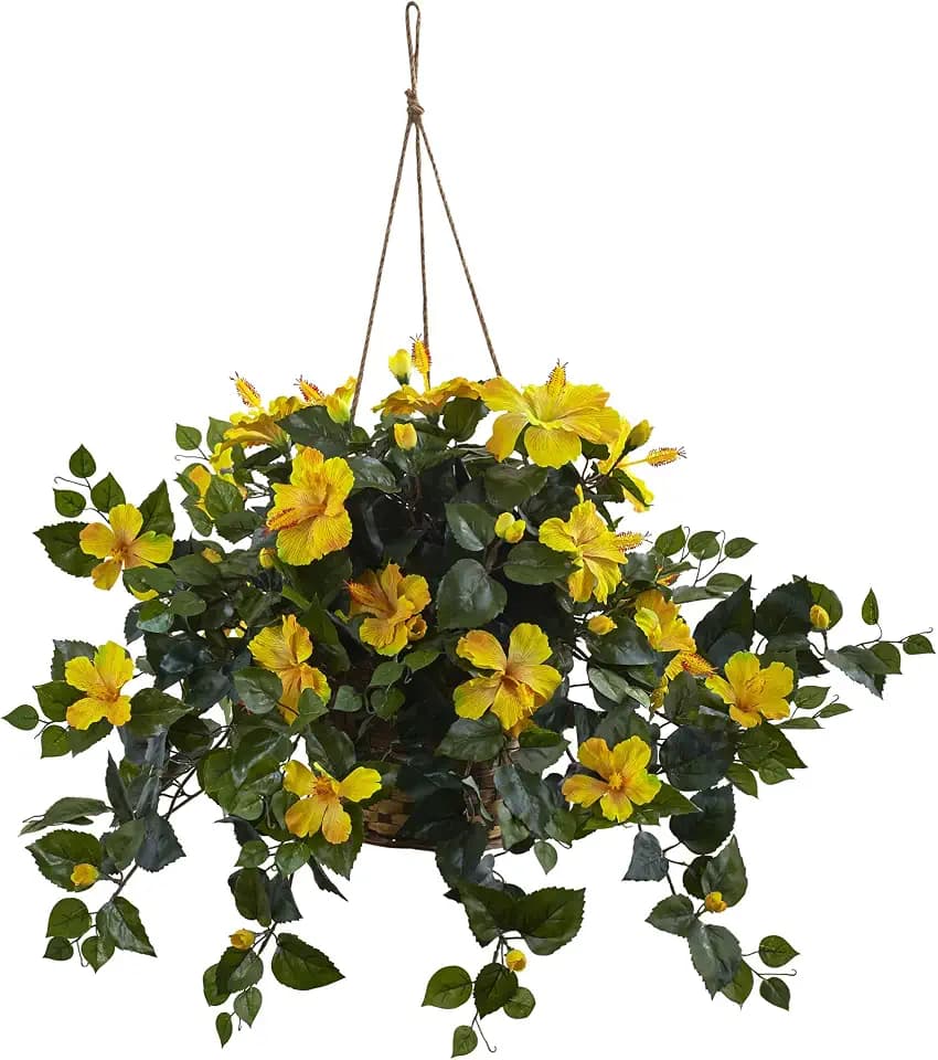 Nearly Natural 22 in Artificial Hibiscus Hanging Basket Home Office Decor