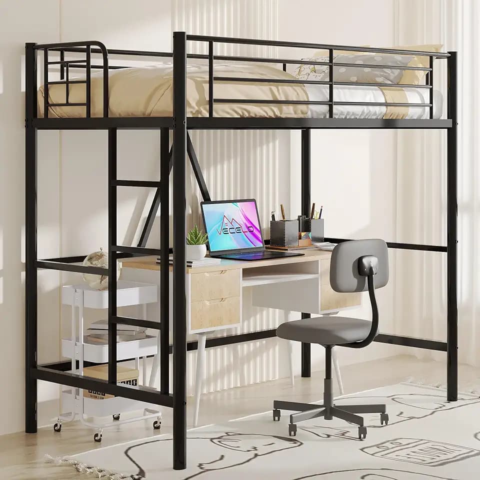 VECELO Loft Bed Twin Size, Metal Bedframe with Removable Ladder and Safety Guardrail, No Box Spring Needed, Space Saving, Noise Free, Matte Black