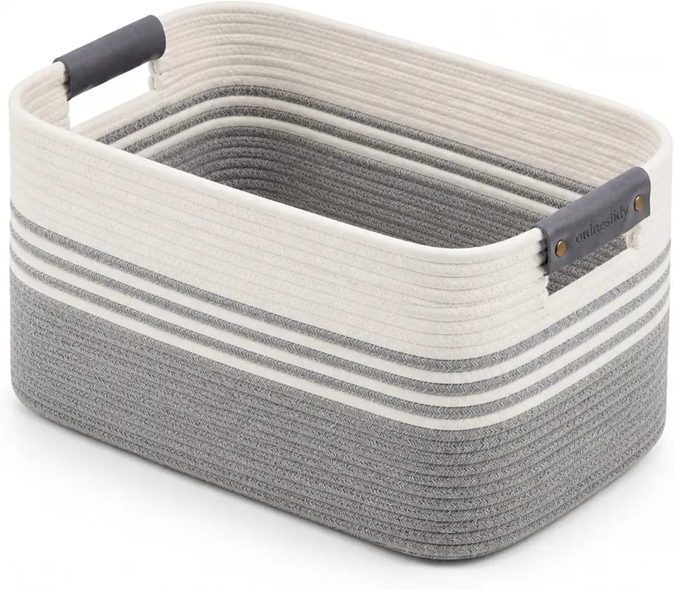 Cotton Rope Laundry Basket Medium, 15.4GAL Collapsible Woven Storage Baskets for Living Room Kids Toys Stuffed Animal,Boho Rectangular Decorative Short Hamper for Dirty Clothes, Blankets White Grey
