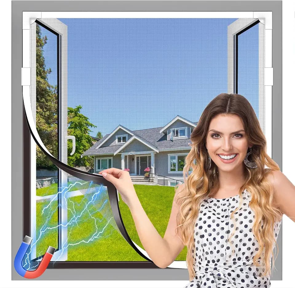 Magnetic Window Screen, 43x71in, White Frame Gray Fiberglass Mesh
