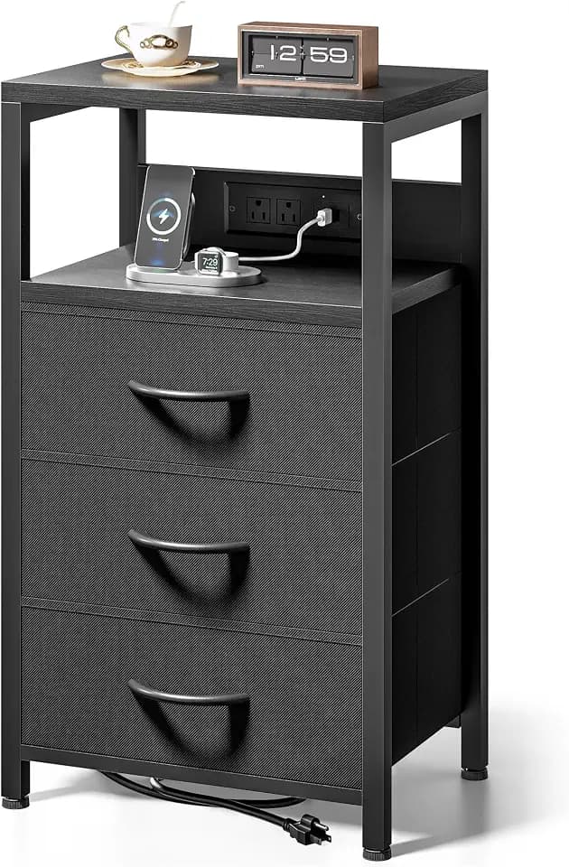 Lazzanto Night Stand with Charger Station, 3 Fabric Drawers, Black