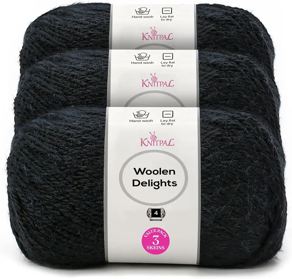 Woolen Delights #4 Soft Wool Yarn, 3-Pack (522Yds/300G), Black Onyx