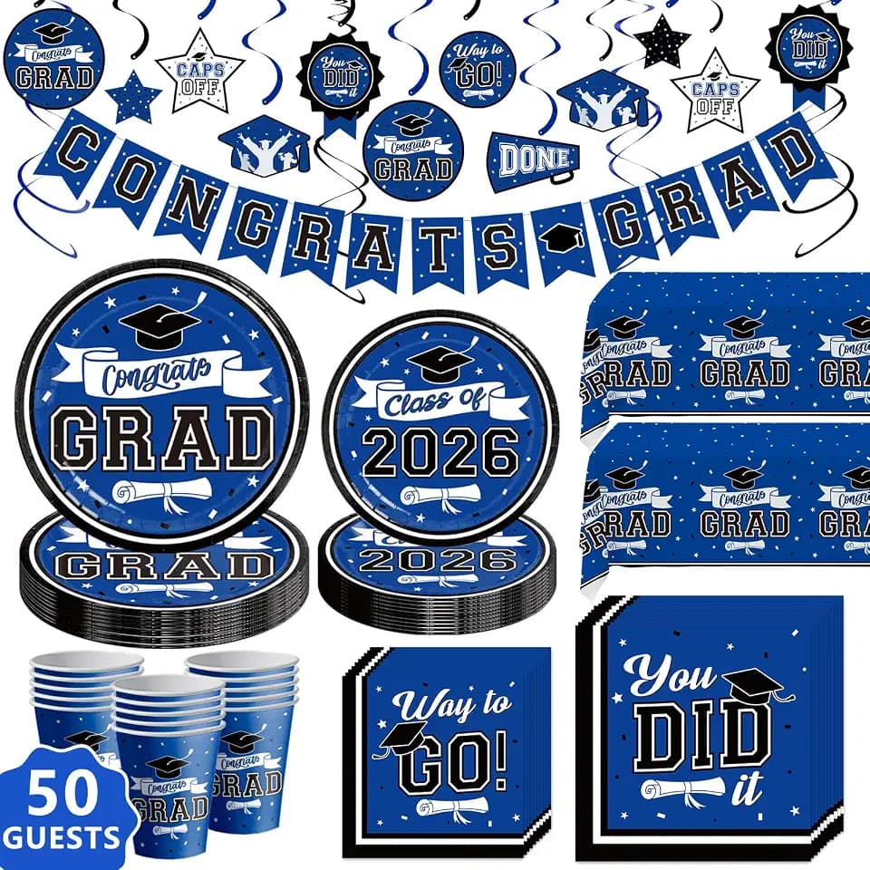DAZONGE Graduation Decorations 2026 Blue, 265pcs Graduation Party Decorations 2026, Disposable Tableware Set for 50 Guests, Plates, Cups, Tablecloth with Congrats Grad Hanging Decor