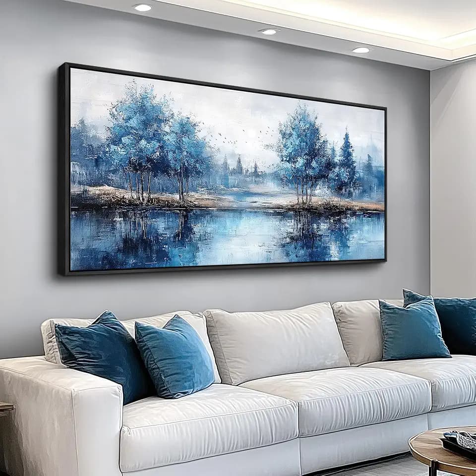 FUHAIHUA Large Black Framed Wall Decor For Living Room Canvas Wall Art For Office Modern Wall Decorations For Bedroom Blue Tree Painting Abstract Watercolor Pictures Artwork Room Home Decor 24x48 In