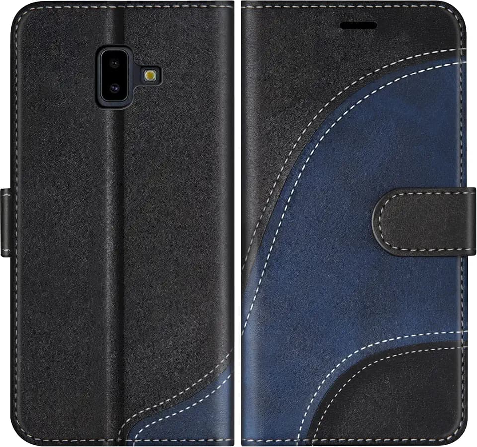 Hülle für Samsung Galaxy J6 Plus 2018, PU Leder Handyhülle für Galaxy J6 Plus 2018, Ledertasche Klapphülle Schutzhülle mit Kartenfächer und Magnetverschluss, Schwarz