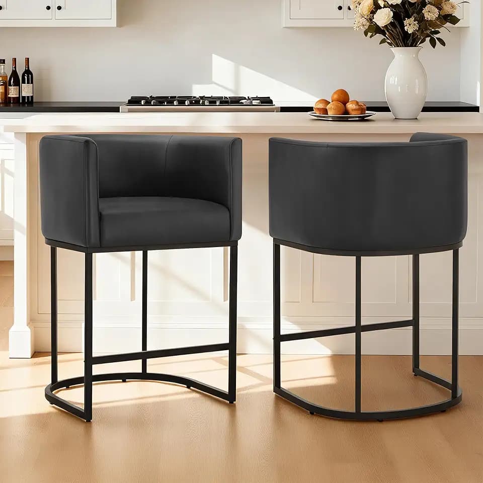 24" Counter Height Bar Stools Set of 2, Modern Barrel Counter Stools with Backrest and Arms, Faux Leather Upholstered Accent Barstools with Metal Legs for Kitchen Island,Black