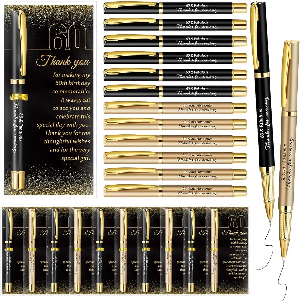 Feifeiya 30 Set 60th Birthday Favors with Black Gold Pens Cards