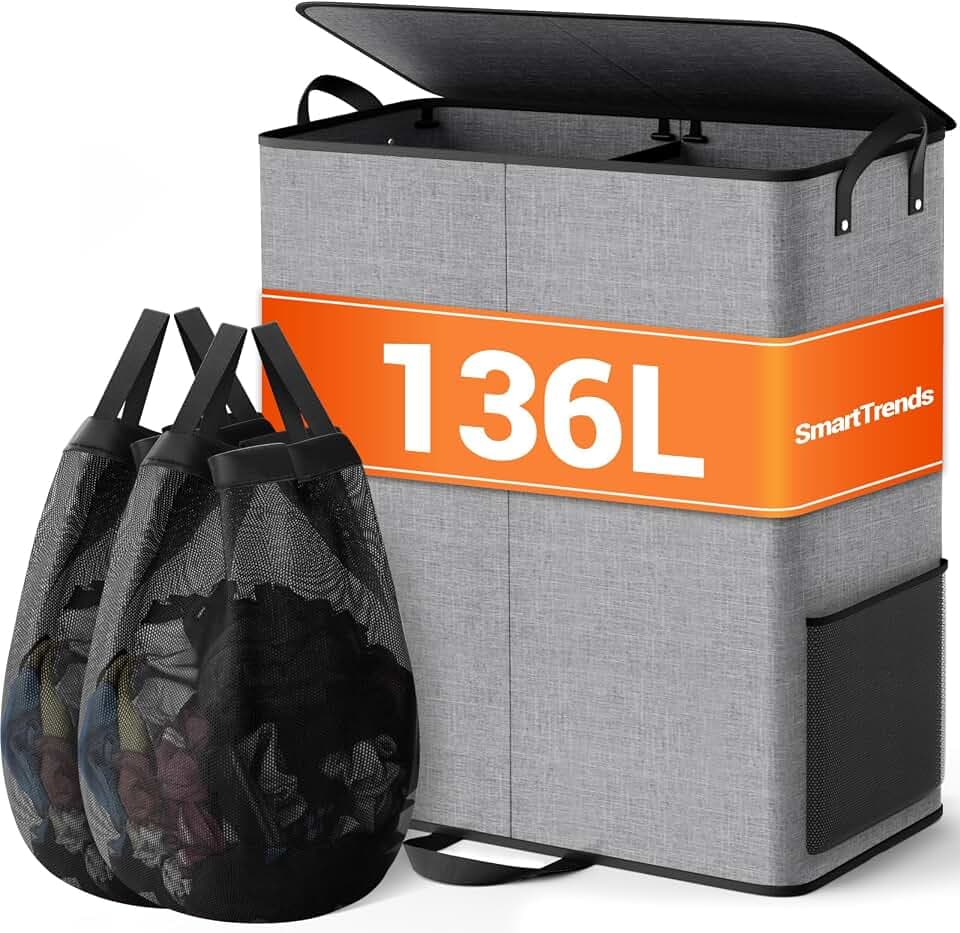 136L 2 Section Laundry Hamper with Lid, Laundry Basket, Gray