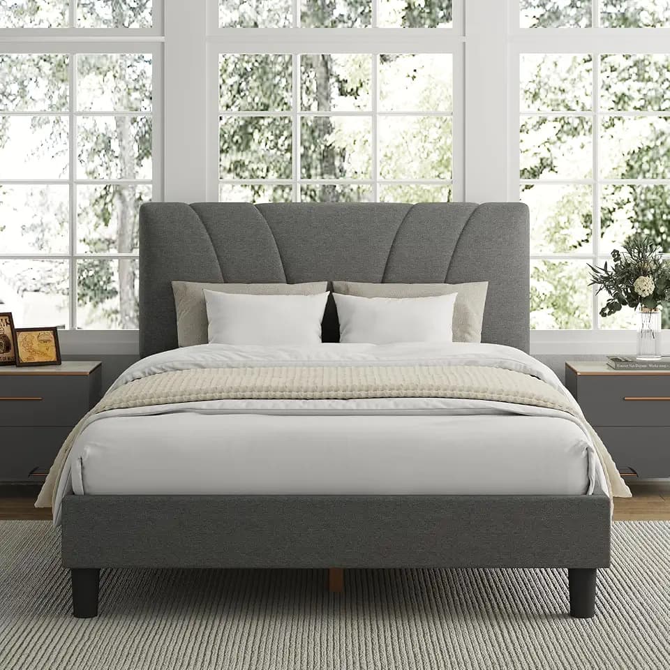 Avenco Full Bed Frame, Upholstered Platform Bed Frame with Adjustable Headboard, Wood Slat Support, Easy Assembly, No Box Spring Needed, Light Grey